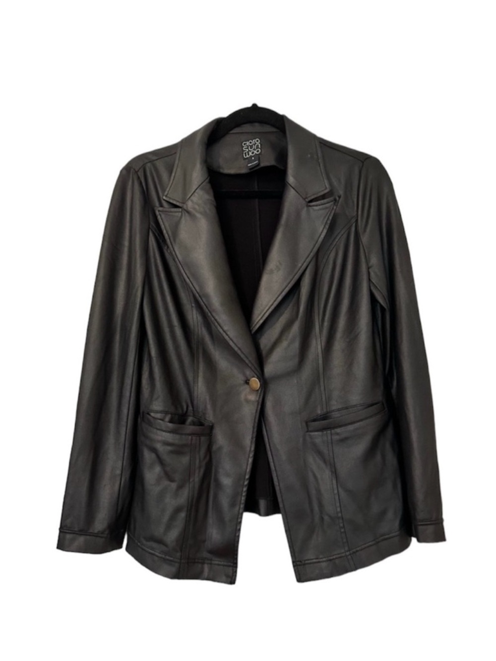 Clara Sun Woo Vegan Leather Blazer One Button Womens Small Black